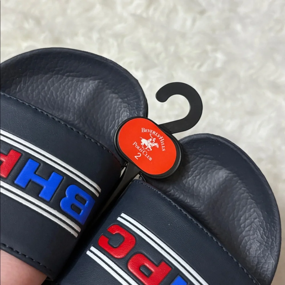 NWT Beverly Hills Polo Club Navy Blue Youth Size 2 Slide On Sandals